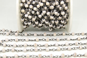 White Turquoise Rosary Black Chain, 4 mm White Cream Gold Wire Wrapped CH #361, Gold Wire Wrapped